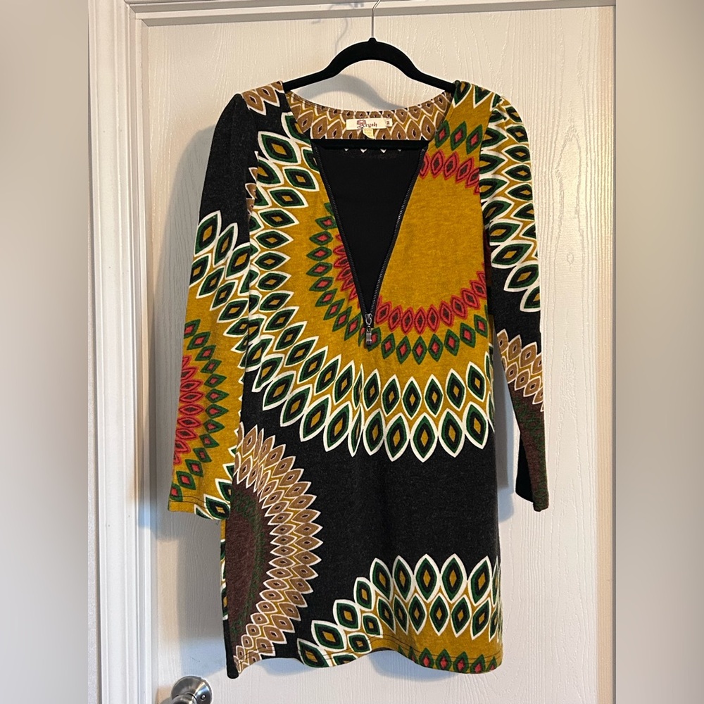 Aryeh | By Anthropologie | Brown and Yellow Patterned Fabric Dress | Size Medium
